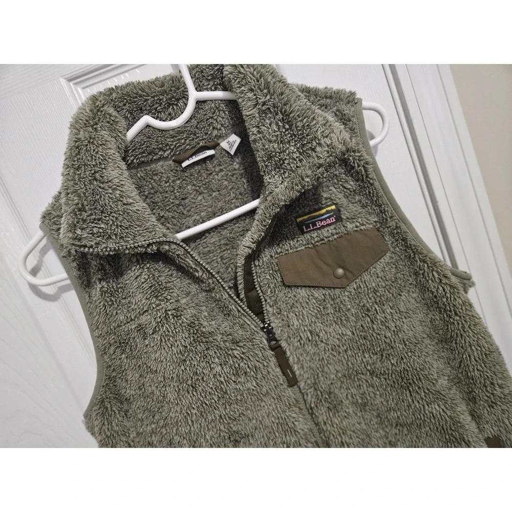 VTG L.L Bean Mens Mountain Pile Sherpa Fleece Vest Size M Olive‎ Green Full Zip